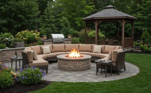 Outdoor living space with a fire pit, seating wall, grill and gazebo