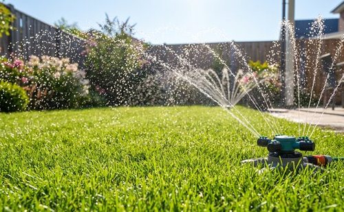 Sprinkler watering a healthy summer landscape
