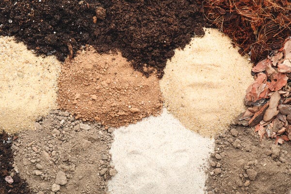 Different soil types and landscaping amendments arranged in sections